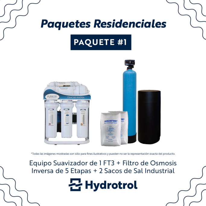 Paquete Hogar: Suavización + Ósmosis Inversa Equipo suavizador de agua de 1 ft³ y filtro de ósmosis inversa de 5 etapas de Hydrotrol, con dos sacos de sal industrial.