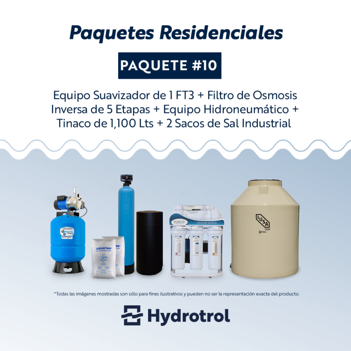 Paquete Completo con Tinaco Sistema Hydrotrol con suavizador, ósmosis inversa, equipo hidroneumático, tinaco de 1100L y sal.