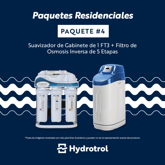 Paquete Compacto: Suavización + Ósmosis Suavizador de gabinete de 1 ft³ y filtro de ósmosis inversa de 5 etapas de Hydrotrol.