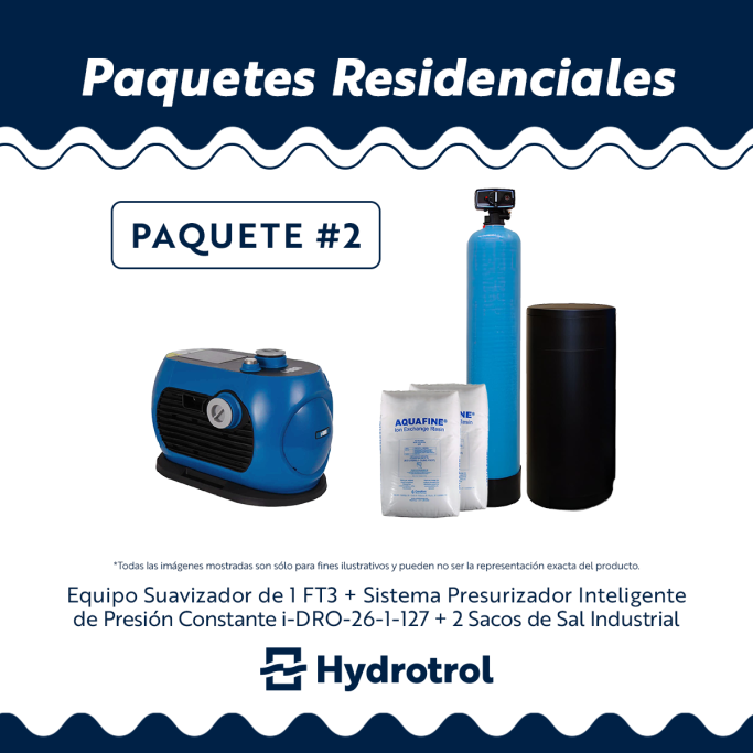 Paquete Presión Constante + Suavización Equipo suavizador de 1 ft³ y sistema presurizador inteligente I-DRO-26-1-127 de Hydrotrol, con dos sacos de sal industrial.