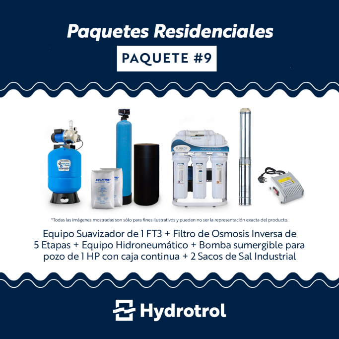 Paquete para Pozo Profundo Sistema Hydrotrol para pozos: suavizador, ósmosis inversa, hidroneumático, bomba sumergible de 1HP y sal.