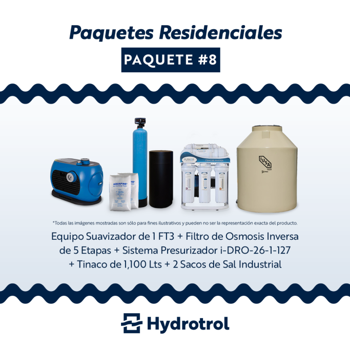 Paquete Completo + Almacenamiento Sistema Hydrotrol con suavizador, ósmosis inversa, presurizador, tinaco de 1100L y sal industrial.