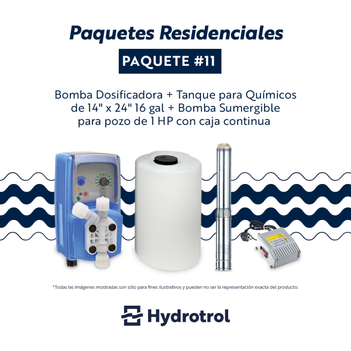 Paquete Dosificación para Pozo Sistema de dosificación química Hydrotrol con bomba dosificadora, tanque y bomba sumergible para pozo de 1HP.